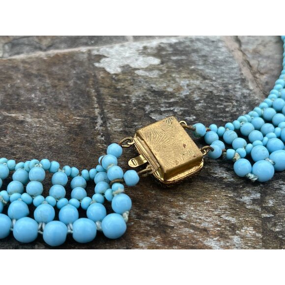 Vintage 1940's Handmade Egg Shell Blue Beaded Collar Necklace Woven Various Size - Picture 5 of 5